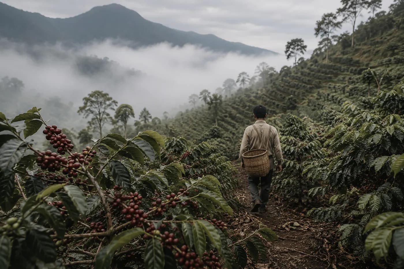 Kebun kopi berteras di lereng Semendo, kabut pagi menggantung di lembah, seorang petani berjalan di antara barisan tanaman.